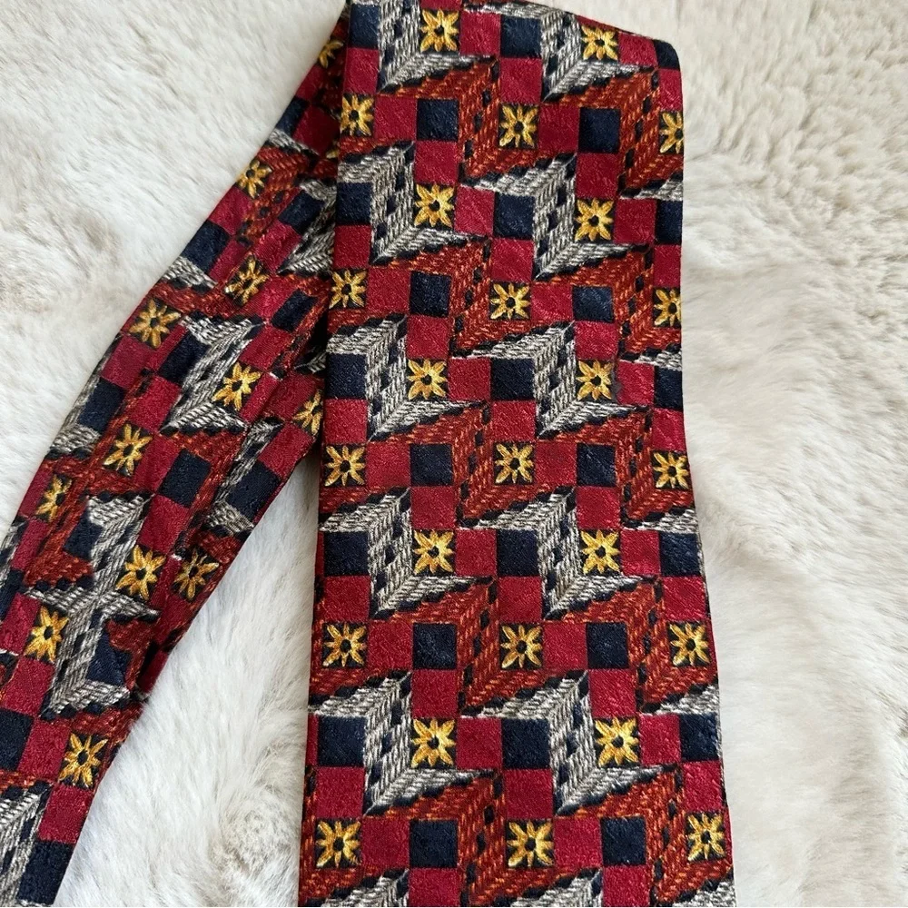 Vintage Ermenegildo Zegna‎ Necktie Mens Red Blue Shirt Tie Geometric Silk Italy